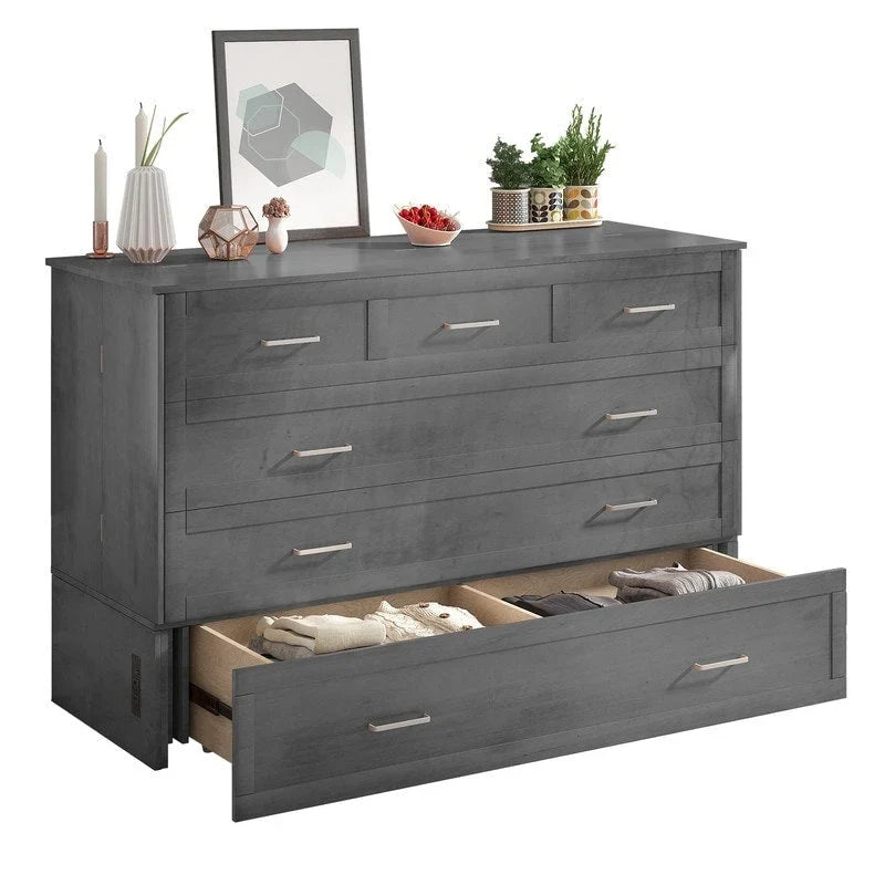 Letto a scomparsa Queen in legno grigio scuro / ciliegio / bianco con materasso, cassetto e stazione di ricarica, per 1 persona