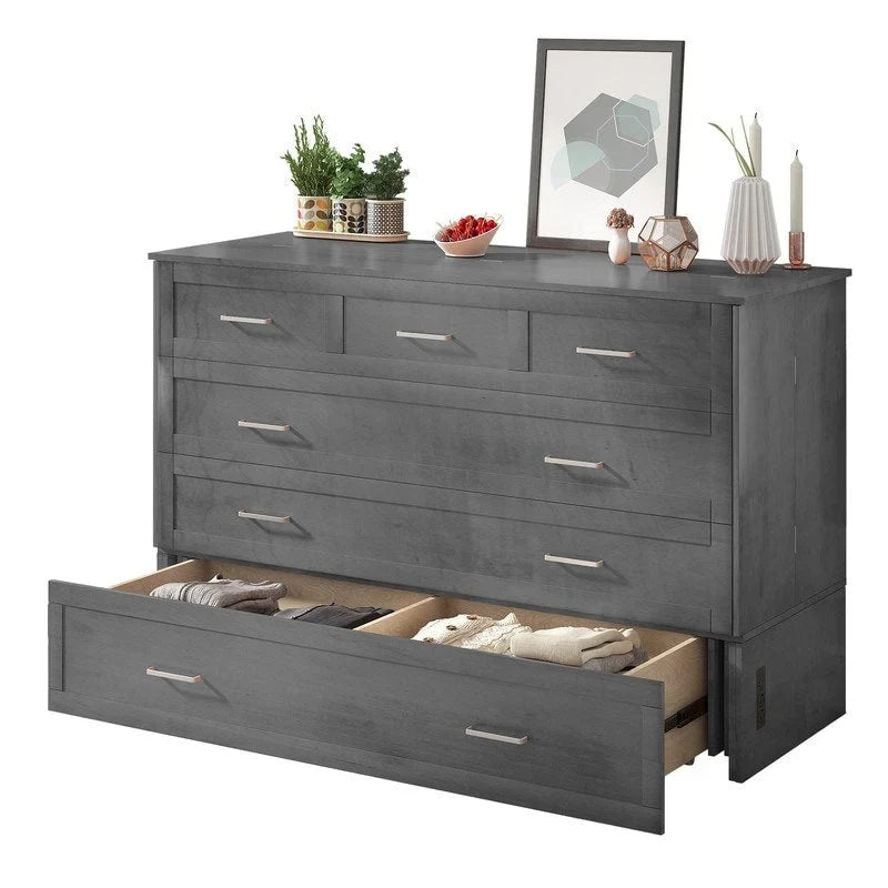 Letto a scomparsa Queen in legno grigio scuro / ciliegio / bianco con materasso, cassetto e stazione di ricarica, per 1 persona