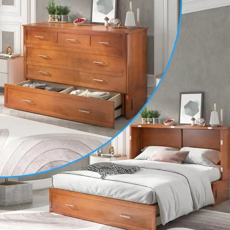 Letto a scomparsa Queen in legno grigio scuro / ciliegio / bianco con materasso, cassetto e stazione di ricarica, per 1 persona