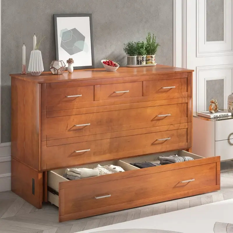 Letto a scomparsa Queen in legno grigio scuro / ciliegio / bianco con materasso, cassetto e stazione di ricarica, per 1 persona