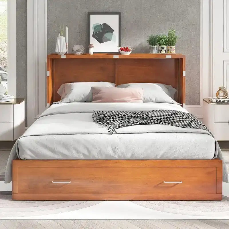 Letto a scomparsa Queen in legno grigio scuro / ciliegio / bianco con materasso, cassetto e stazione di ricarica, per 1 persona