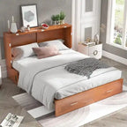 Letto a scomparsa Queen in legno grigio scuro / ciliegio / bianco con materasso, cassetto e stazione di ricarica, per 1 persona
