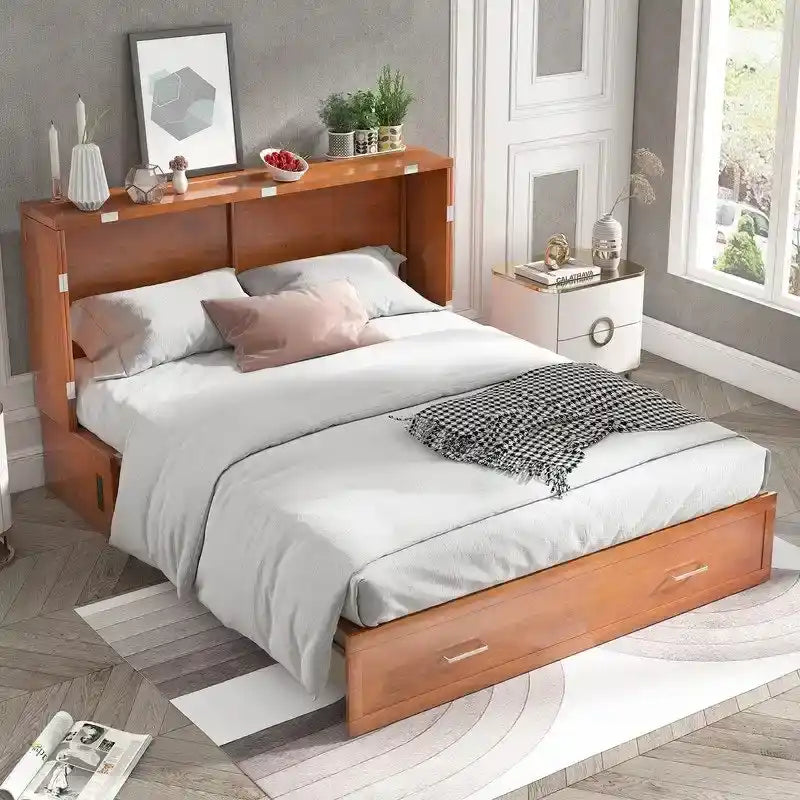 Letto a scomparsa Queen in legno grigio scuro / ciliegio / bianco con materasso, cassetto e stazione di ricarica, per 1 persona