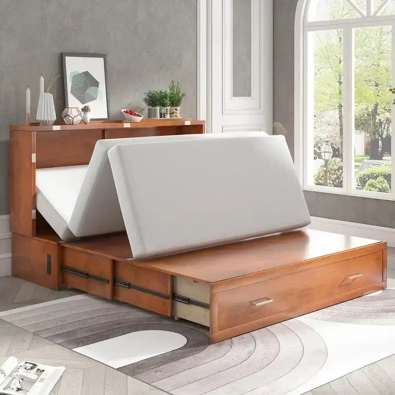Letto a scomparsa Queen in legno grigio scuro / ciliegio / bianco con materasso, cassetto e stazione di ricarica, per 1 persona
