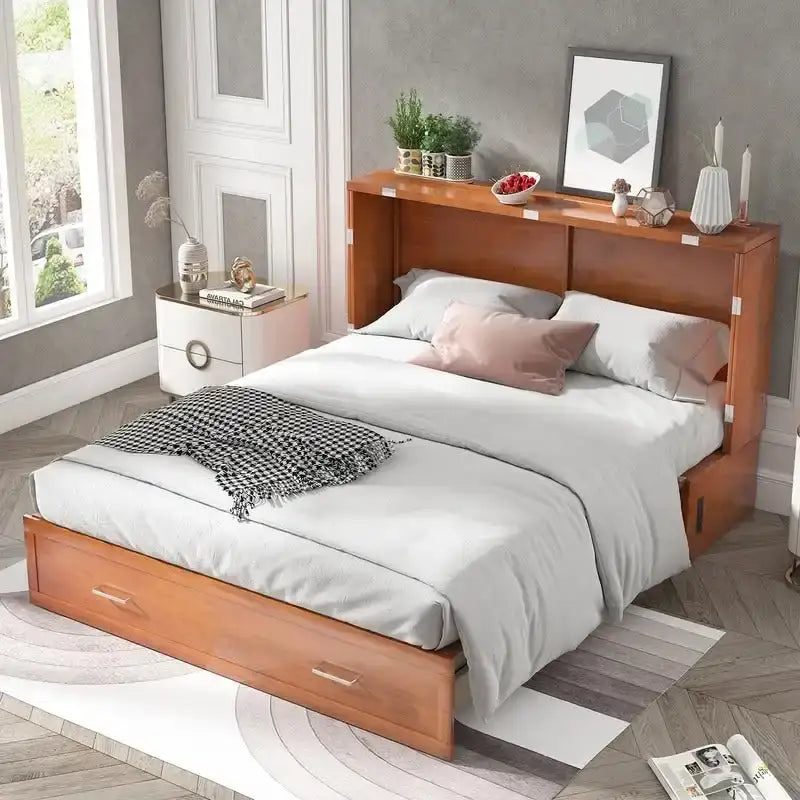 Letto a scomparsa Queen in legno grigio scuro / ciliegio / bianco con materasso, cassetto e stazione di ricarica, per 1 persona