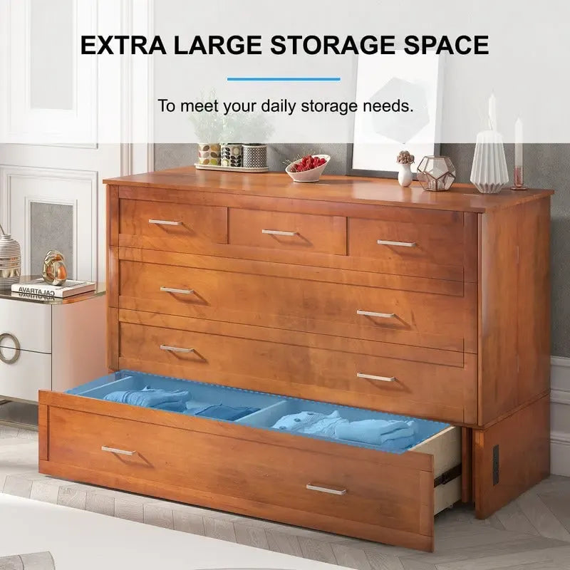 Letto a scomparsa Queen in legno grigio scuro / ciliegio / bianco con materasso, cassetto e stazione di ricarica, per 1 persona