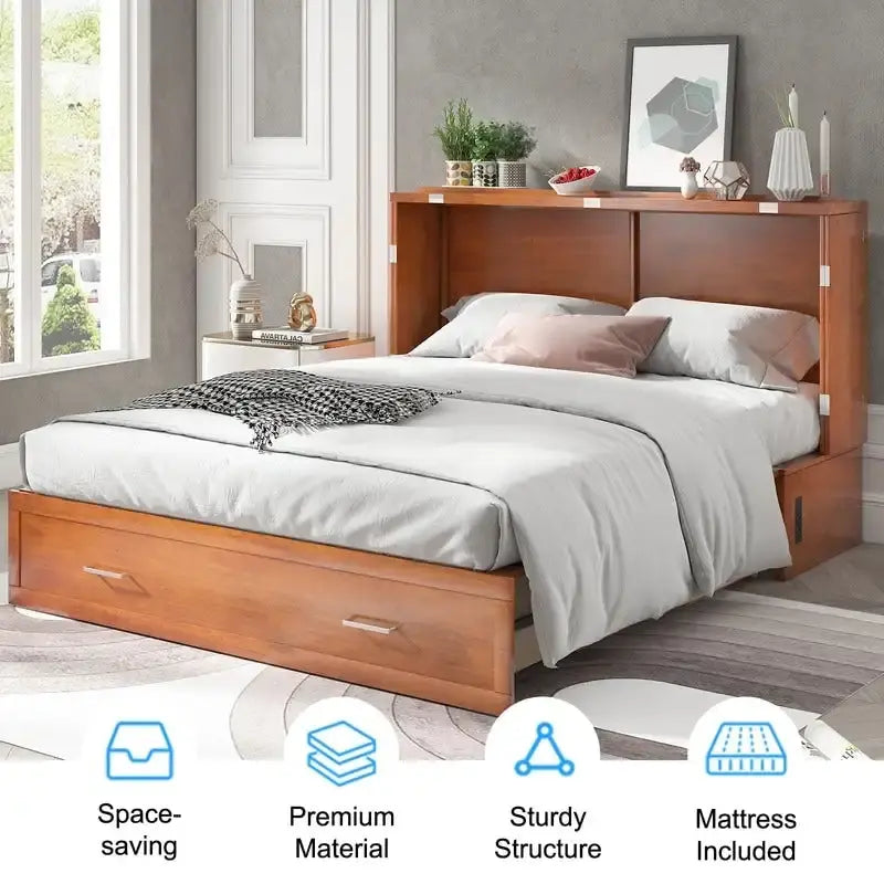 Letto a scomparsa Queen in legno grigio scuro / ciliegio / bianco con materasso, cassetto e stazione di ricarica, per 1 persona