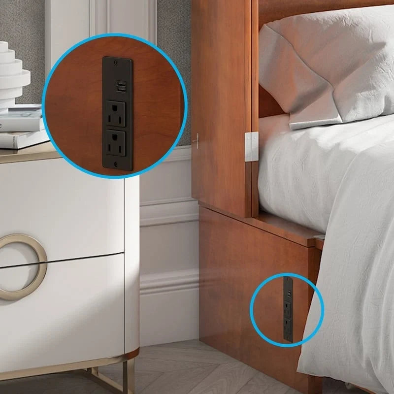 Letto a scomparsa Queen in legno grigio scuro / ciliegio / bianco con materasso, cassetto e stazione di ricarica, per 1 persona