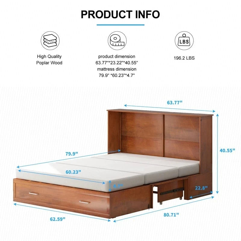 Letto a scomparsa Queen in legno grigio scuro / ciliegio / bianco con materasso, cassetto e stazione di ricarica, per 1 persona