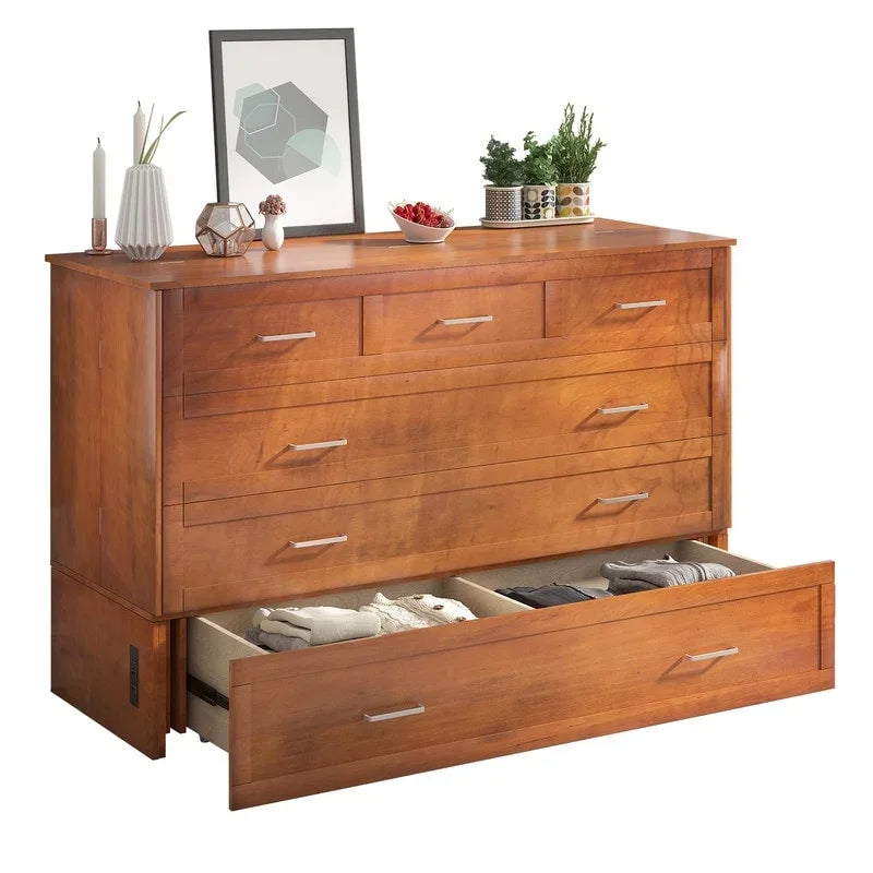 Letto a scomparsa Queen in legno grigio scuro / ciliegio / bianco con materasso, cassetto e stazione di ricarica, per 1 persona