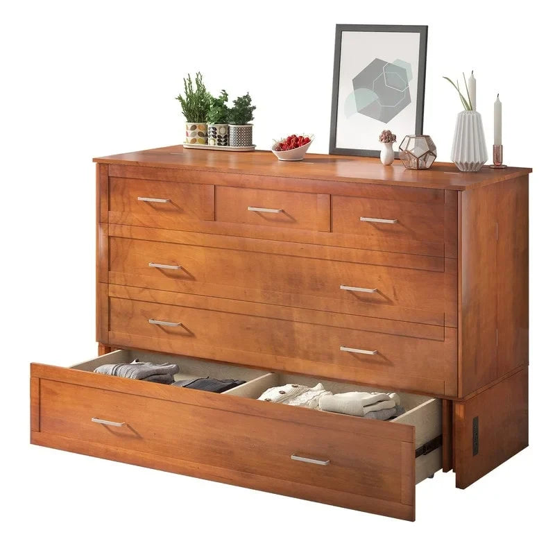 Letto a scomparsa Queen in legno grigio scuro / ciliegio / bianco con materasso, cassetto e stazione di ricarica, per 1 persona