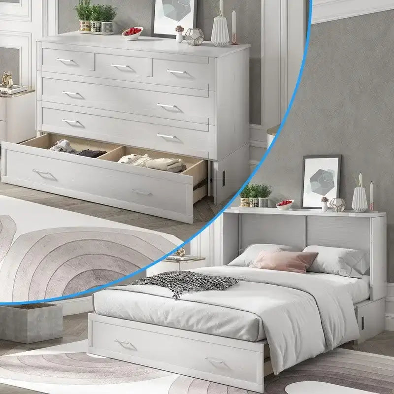 Letto a scomparsa Queen in legno grigio scuro / ciliegio / bianco con materasso, cassetto e stazione di ricarica, per 1 persona