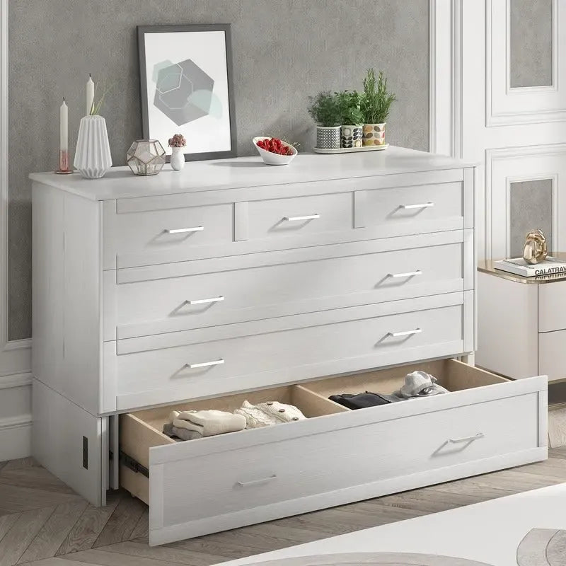 Letto a scomparsa Queen in legno grigio scuro / ciliegio / bianco con materasso, cassetto e stazione di ricarica, per 1 persona