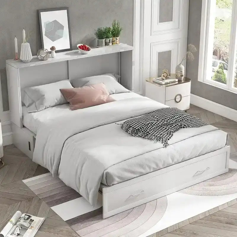 Letto a scomparsa Queen in legno grigio scuro / ciliegio / bianco con materasso, cassetto e stazione di ricarica, per 1 persona