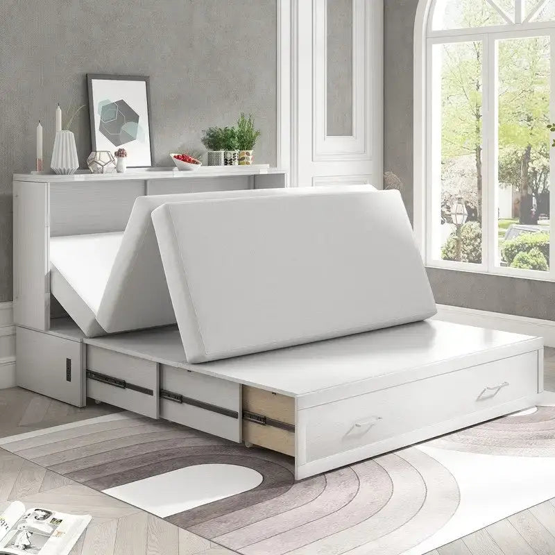 Letto a scomparsa Queen in legno grigio scuro / ciliegio / bianco con materasso, cassetto e stazione di ricarica, per 1 persona