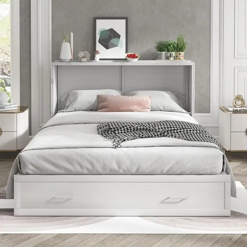 Letto a scomparsa Queen in legno grigio scuro / ciliegio / bianco con materasso, cassetto e stazione di ricarica, per 1 persona