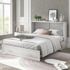 Letto a scomparsa Queen in legno grigio scuro / ciliegio / bianco con materasso, cassetto e stazione di ricarica, per 1 persona