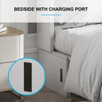 Letto a scomparsa Queen in legno grigio scuro / ciliegio / bianco con materasso, cassetto e stazione di ricarica, per 1 persona