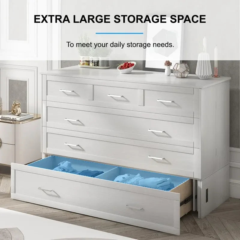 Letto a scomparsa Queen in legno grigio scuro / ciliegio / bianco con materasso, cassetto e stazione di ricarica, per 1 persona