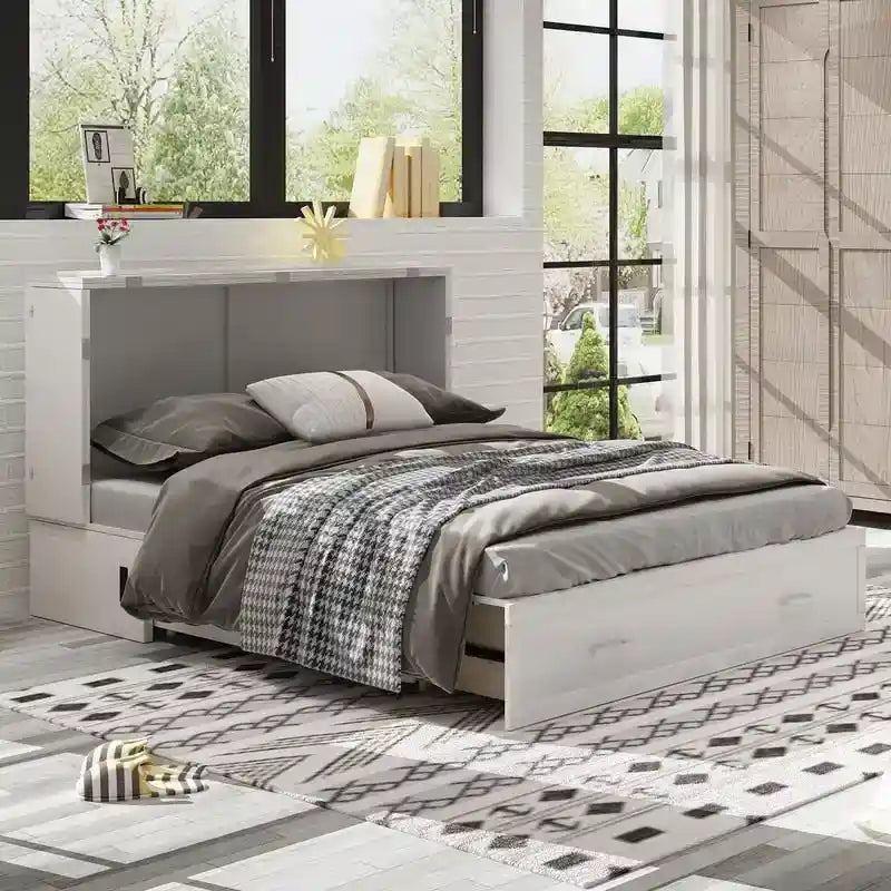 Letto a scomparsa Queen in legno grigio scuro / ciliegio / bianco con materasso, cassetto e stazione di ricarica, per 1 persona