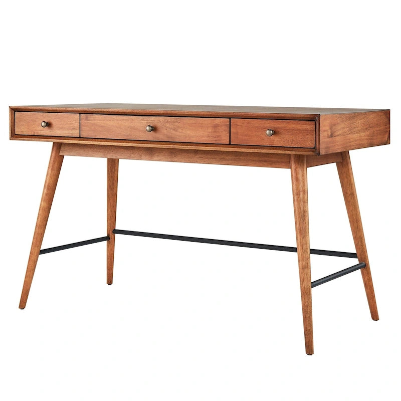 Scrivania da Scrittura Mid-Century Modern in Legno di Gomma Marrone/Noce Scuro con 3 Cassetti e Gambe Affusolate per 1 Persona