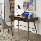 Scrivania da Scrittura Mid-Century Modern in Legno di Gomma Marrone/Noce Scuro con 3 Cassetti e Gambe Affusolate per 1 Persona