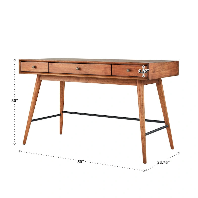 Scrivania da Scrittura Mid-Century Modern in Legno di Gomma Marrone/Noce Scuro con 3 Cassetti e Gambe Affusolate per 1 Persona