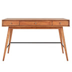 Scrivania da Scrittura Mid-Century Modern in Legno di Gomma Marrone/Noce Scuro con 3 Cassetti e Gambe Affusolate per 1 Persona