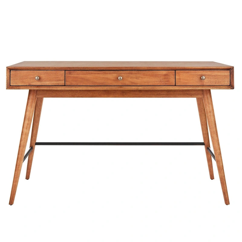 Scrivania da Scrittura Mid-Century Modern in Legno di Gomma Marrone/Noce Scuro con 3 Cassetti e Gambe Affusolate per 1 Persona