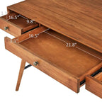 Scrivania da Scrittura Mid-Century Modern in Legno di Gomma Marrone/Noce Scuro con 3 Cassetti e Gambe Affusolate per 1 Persona