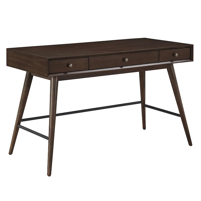 Scrivania da Scrittura Mid-Century Modern in Legno di Gomma Marrone/Noce Scuro con 3 Cassetti e Gambe Affusolate per 1 Persona