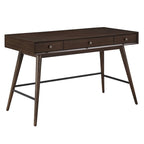 Scrivania da Scrittura Mid-Century Modern in Legno di Gomma Marrone/Noce Scuro con 3 Cassetti e Gambe Affusolate per 1 Persona