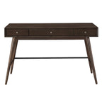 Scrivania da Scrittura Mid-Century Modern in Legno di Gomma Marrone/Noce Scuro con 3 Cassetti e Gambe Affusolate per 1 Persona