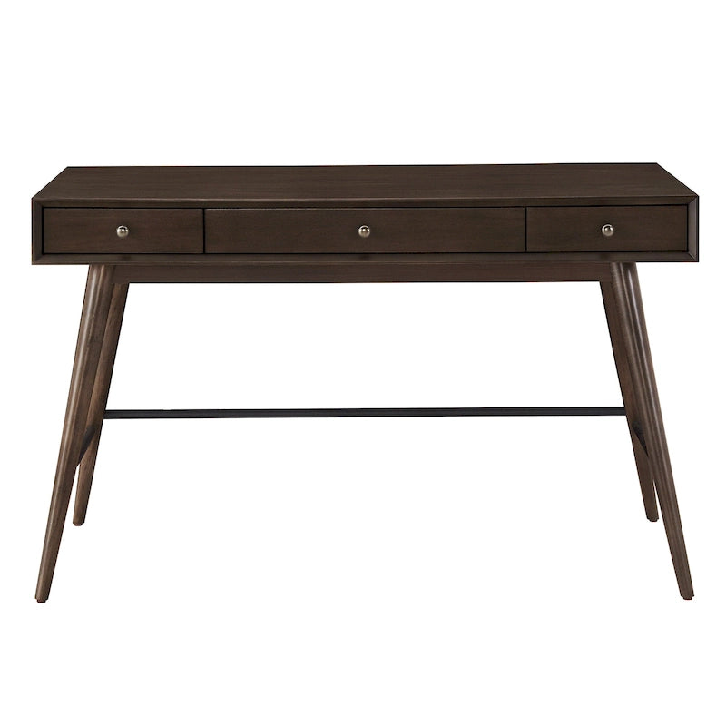 Scrivania da Scrittura Mid-Century Modern in Legno di Gomma Marrone/Noce Scuro con 3 Cassetti e Gambe Affusolate per 1 Persona