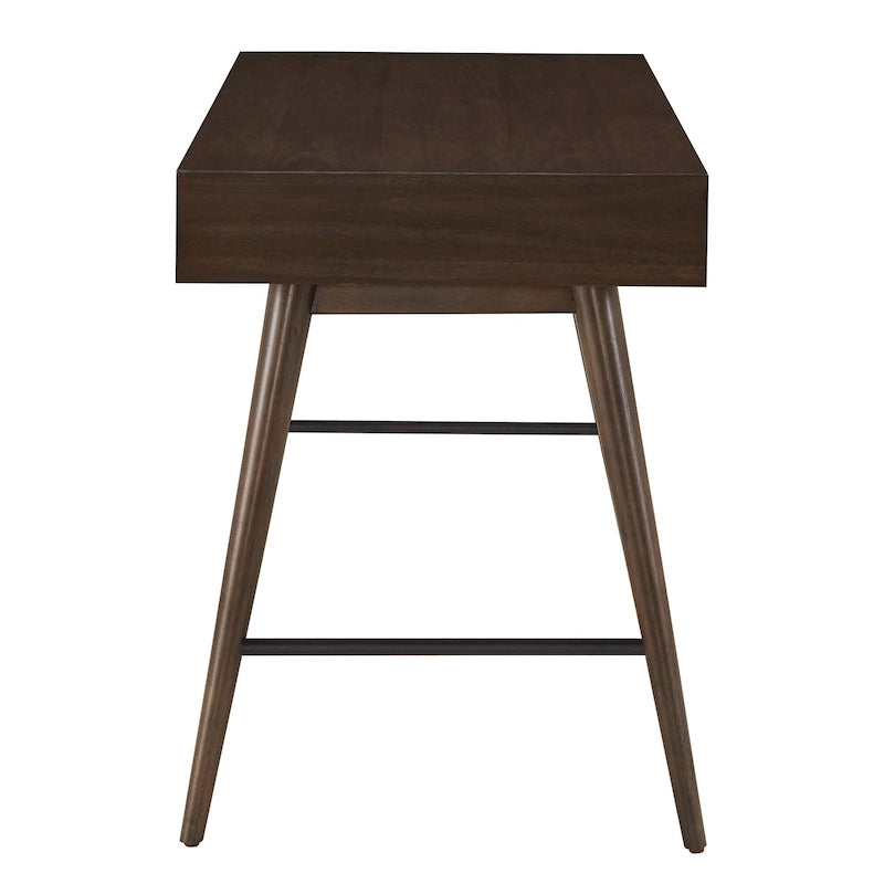 Scrivania da Scrittura Mid-Century Modern in Legno di Gomma Marrone/Noce Scuro con 3 Cassetti e Gambe Affusolate per 1 Persona