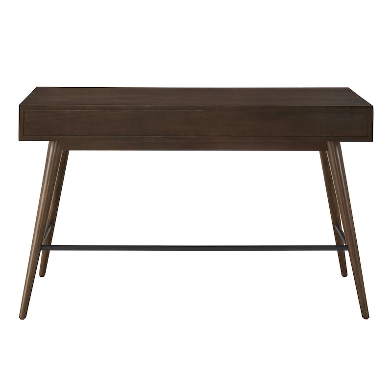 Scrivania da Scrittura Mid-Century Modern in Legno di Gomma Marrone/Noce Scuro con 3 Cassetti e Gambe Affusolate per 1 Persona