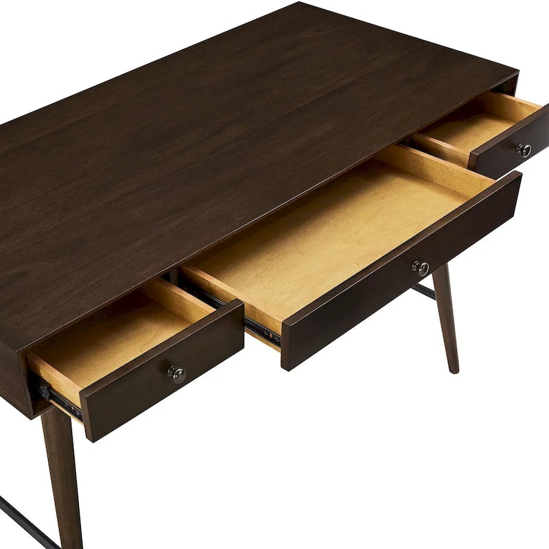 Scrivania da Scrittura Mid-Century Modern in Legno di Gomma Marrone/Noce Scuro con 3 Cassetti e Gambe Affusolate per 1 Persona