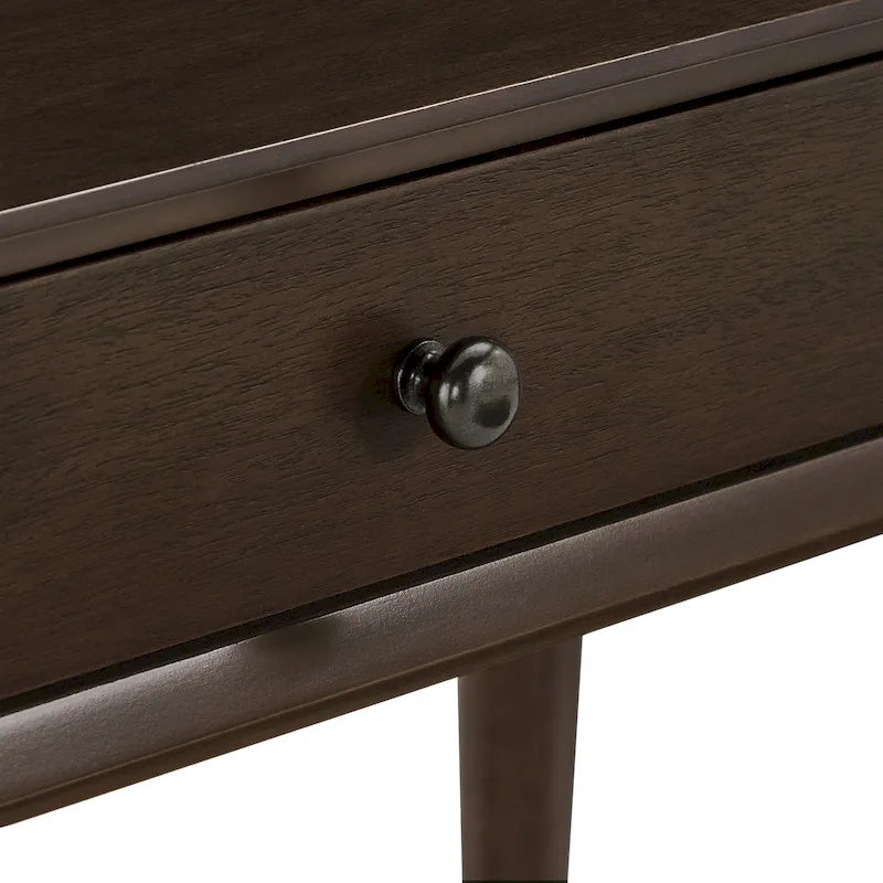 Scrivania da Scrittura Mid-Century Modern in Legno di Gomma Marrone/Noce Scuro con 3 Cassetti e Gambe Affusolate per 1 Persona