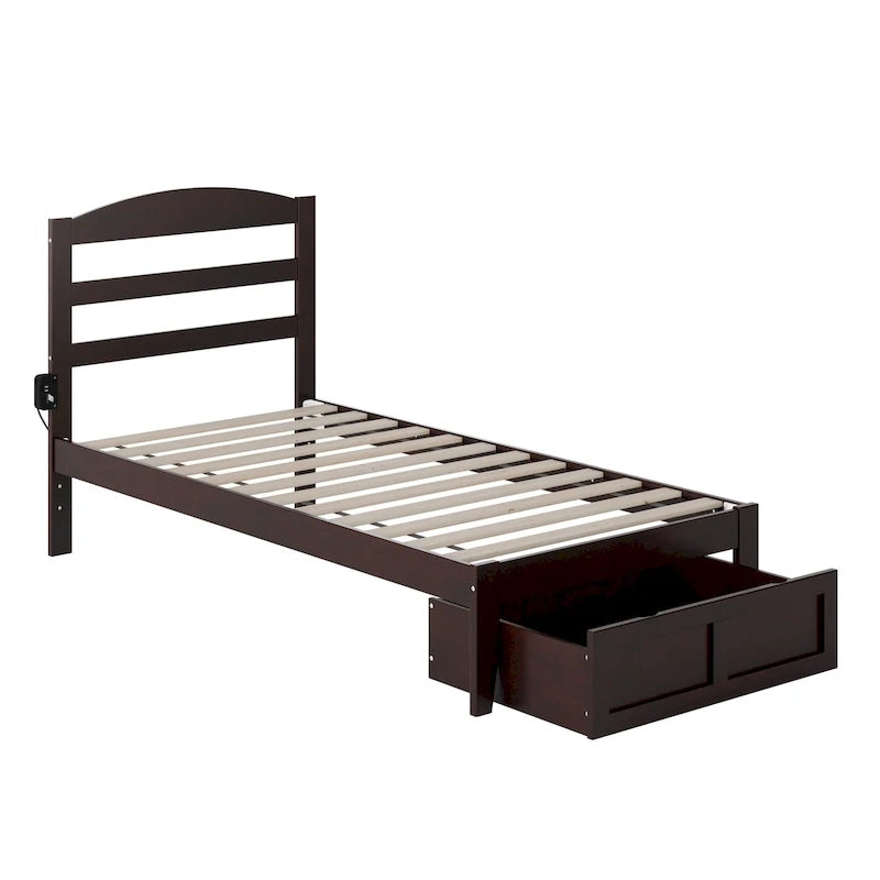 Letto a piattaforma in legno massiccio bianco/noce/grigio/espresso con cassetto ai piedi e stazione di ricarica per 1-2 persone