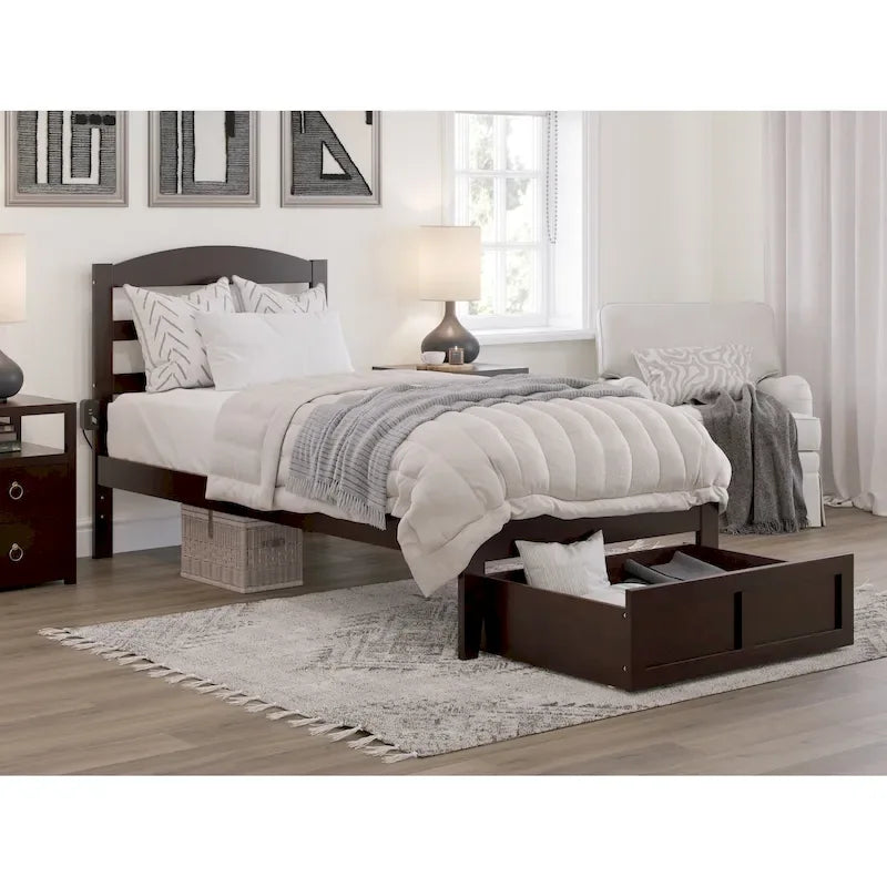Letto a piattaforma in legno massiccio bianco/noce/grigio/espresso con cassetto ai piedi e stazione di ricarica per 1-2 persone