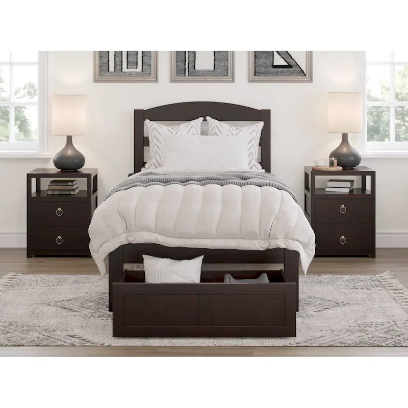 Letto a piattaforma in legno massiccio bianco/noce/grigio/espresso con cassetto ai piedi e stazione di ricarica per 1-2 persone