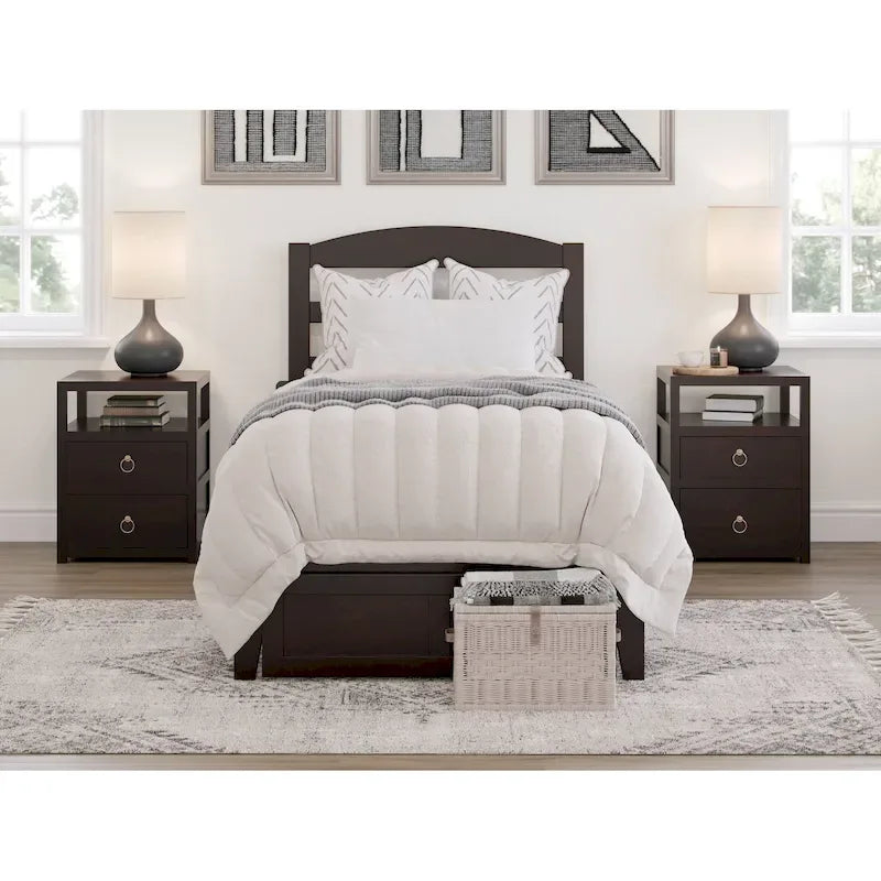 Letto a piattaforma in legno massiccio bianco/noce/grigio/espresso con cassetto ai piedi e stazione di ricarica per 1-2 persone