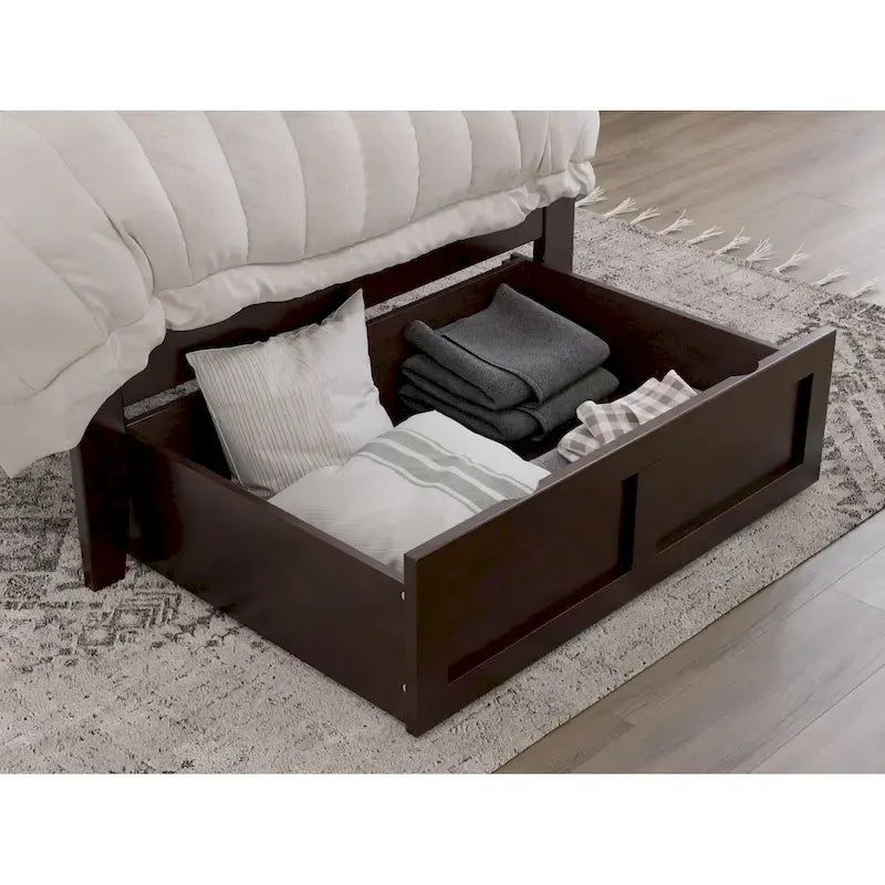 Letto a piattaforma in legno massiccio bianco/noce/grigio/espresso con cassetto ai piedi e stazione di ricarica per 1-2 persone