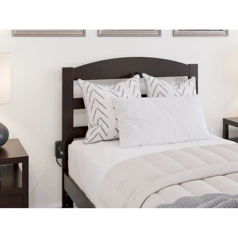 Letto a piattaforma in legno massiccio bianco/noce/grigio/espresso con cassetto ai piedi e stazione di ricarica per 1-2 persone