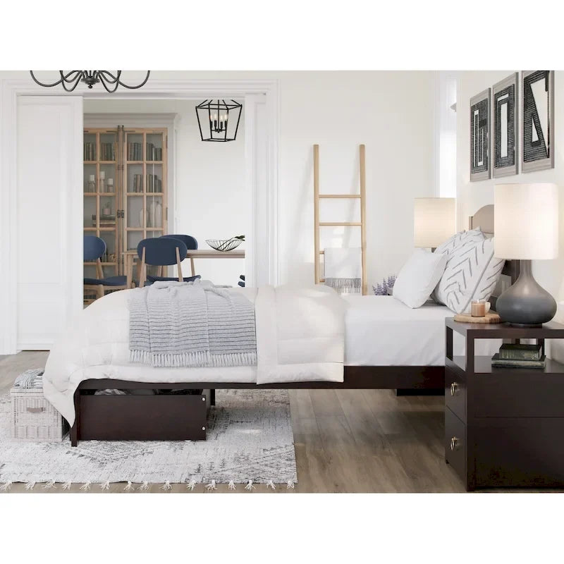 Letto a piattaforma in legno massiccio bianco/noce/grigio/espresso con cassetto ai piedi e stazione di ricarica per 1-2 persone