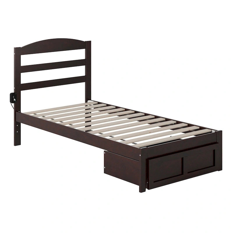 Letto a piattaforma in legno massiccio bianco/noce/grigio/espresso con cassetto ai piedi e stazione di ricarica per 1-2 persone