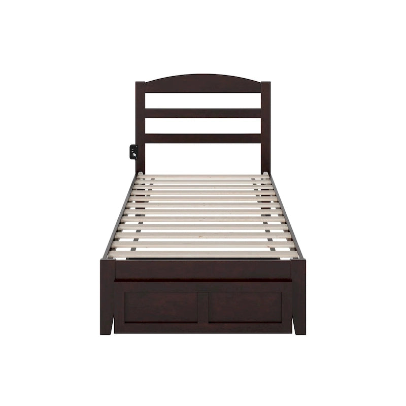 Letto a piattaforma in legno massiccio bianco/noce/grigio/espresso con cassetto ai piedi e stazione di ricarica per 1-2 persone