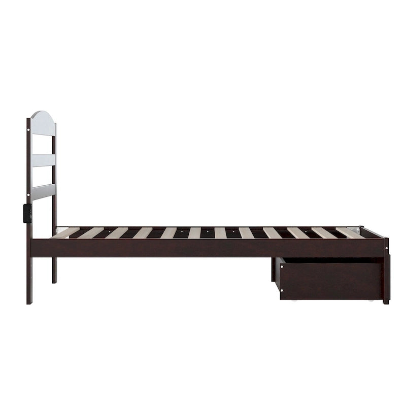 Letto a piattaforma in legno massiccio bianco/noce/grigio/espresso con cassetto ai piedi e stazione di ricarica per 1-2 persone