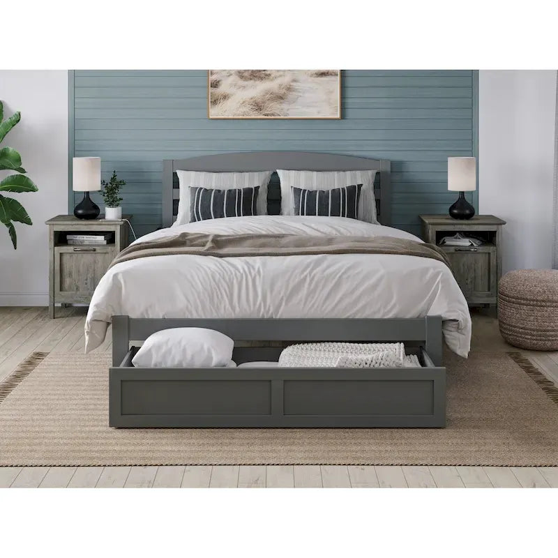 Letto a piattaforma in legno massiccio bianco/noce/grigio/espresso con cassetto ai piedi e stazione di ricarica per 1-2 persone
