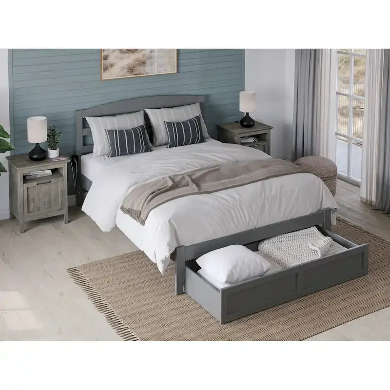 Letto a piattaforma in legno massiccio bianco/noce/grigio/espresso con cassetto ai piedi e stazione di ricarica per 1-2 persone
